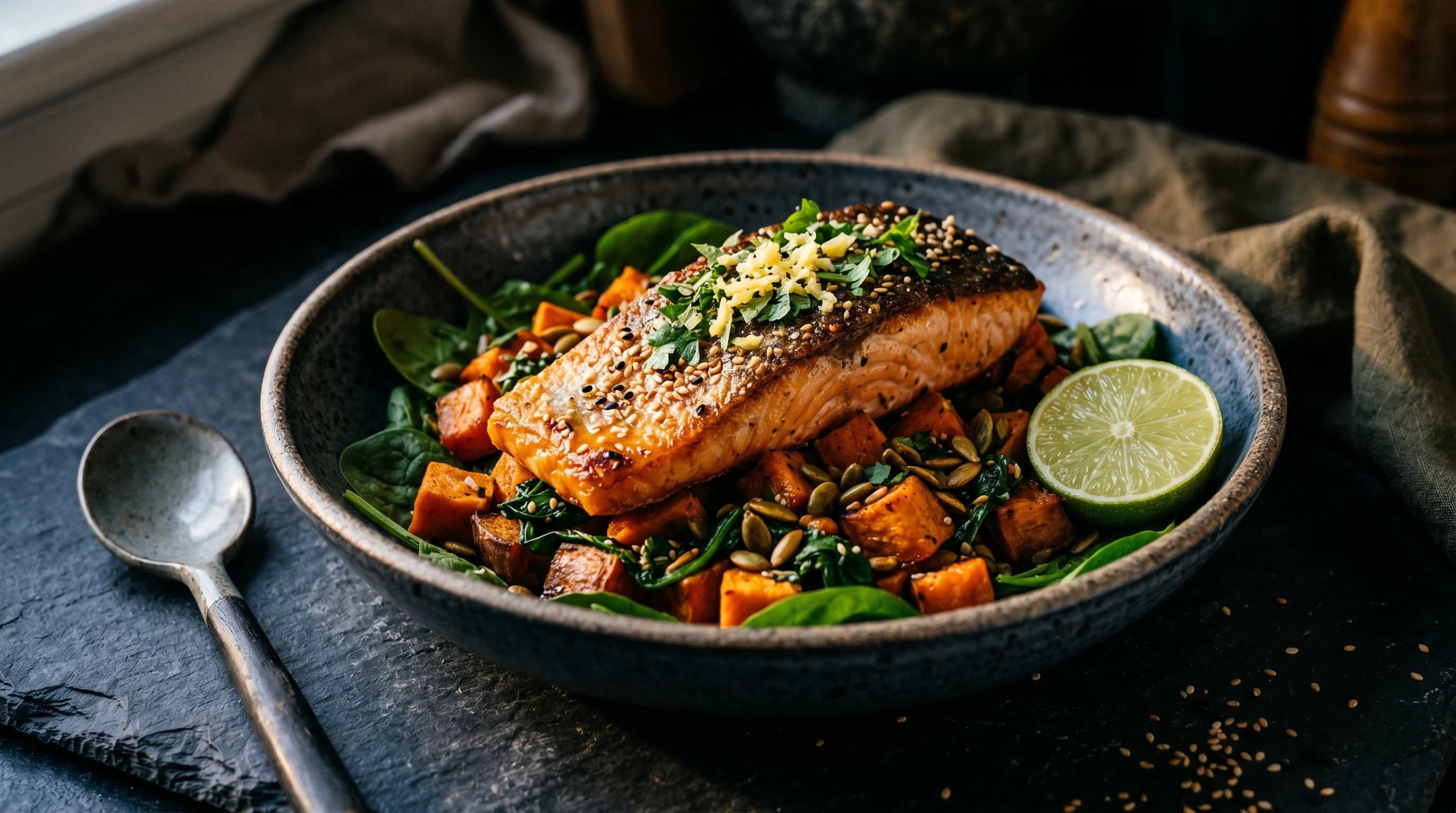 Salmon, ginger, sweet potato bowl